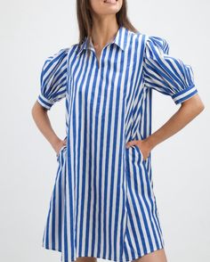 Royal Stripe Puff Sleeve Shirt Dress Chic Cotton Puff Sleeve Shirt Dress, Chic Cotton Shirt Dress With Puff Sleeves, Casual Cotton Dress With Cuffed Sleeves, Casual Cotton Puff Sleeve Dress For Work, Preppy Designs, French Bleu, Modern Preppy, Puff Sleeve Shirt, Daytime Dresses