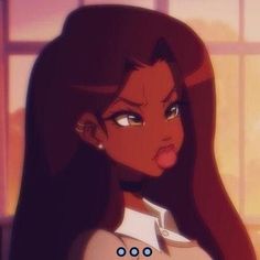 an animated image of a woman with long brown hair and big eyes looking at the camera