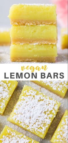 vegan lemon bars with powdered sugar on top and the words vegan written in white