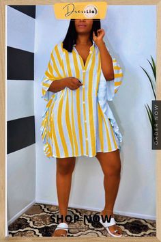 Summer Fashion Women's Clothing Striped Ruffle Short Sleeve Cardigan Casual Shirt Loose Beach Party Mini Dress Purple Fashion Casual, Striped Print Dresses, Collar Shirt Dress, Vogue Dress, Collared Shirt Dress, Short Gowns, Dress Sleeve Styles, Perfect Prom Dress, Classy Casual Outfits