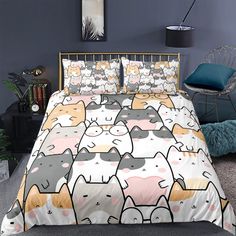 Kawaii Cats Duvet Cover Set Bedspread Cute Bedding for Teens Kids Bedroom King Duvet Cover Full Queen Duvet Twin Bed Cover Cat Lover Gift Bedding For Teens, Cat Bedding, Cute Duvet Covers, European Beds, Kawaii Cats, Cute Bedding, Lit King Size, California King Bedding, Dorm Bedding