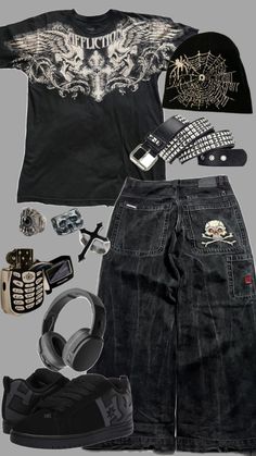 Alternative Style Men, 2yk Outfits, Affliction Outfits, Drawing On Clothes, Grunge Emo Outfits, Punk Style Outfits, Street Style Outfits Casual, Baggy Clothes, Street Fashion Men Streetwear