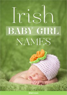 a baby wearing a crochet hat with the words, irish baby girl names