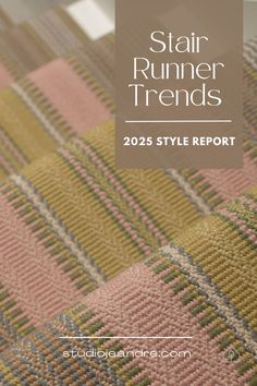 a pink and green plaid pillow with the words, stair runner trends 205 style report