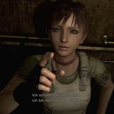 a woman pointing at the camera in a video game