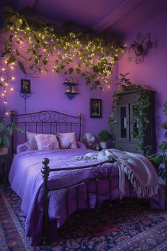 a bedroom with purple walls and plants on the headboard above the bed, along with lights hanging from the ceiling