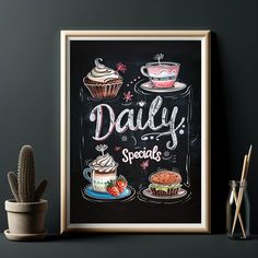 a chalkboard sign that says daily specials with cupcakes and cakes on it