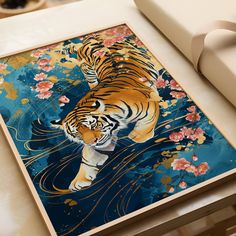 a painting of a tiger walking across a body of water with pink flowers on it