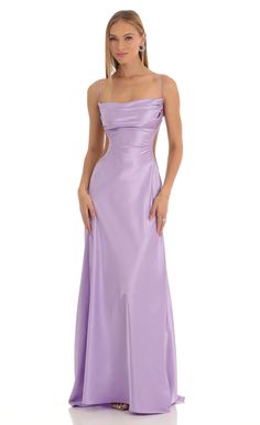 Calissa Satin Rhinestone Maxi Dress in Purple | LUCY IN THE SKY Light Purple Prom Dress, Deb Ball, Rhinestone Maxi Dress, Purple Satin Dress, Mitzvah Dresses, Prom Dress Ideas, Purple Silk Dress, Lavender Prom Dresses, Purple Long Dress