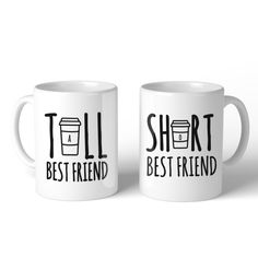 two white coffee mugs with the words best friend and best friend printed on them