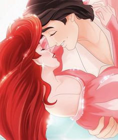 a man and woman are kissing in the water with long red hair on their backs