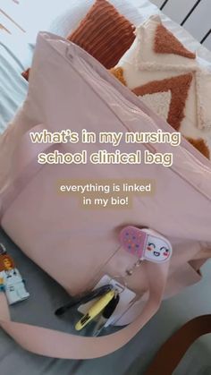 a pink bag with the words what's in my nursing school medical bag? everything is linked in my bio