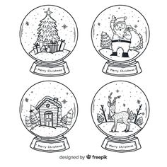 four snow globes with christmas scenes in them