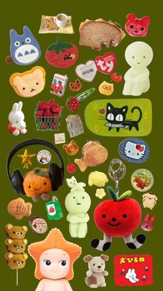 an assortment of various items are arranged on a green background with the words hello kitty written in