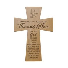 a wooden cross with an image of a dove on it and the words thomas allen