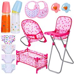 a baby's high chair and accessories are shown