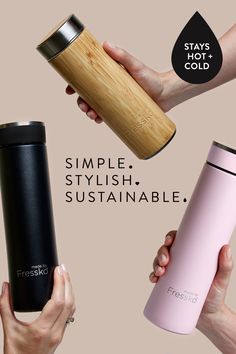 three different types of tumblers with the words simple, stylish, and sustenable