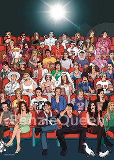 a large group of people sitting in front of a movie theater with the light shining on them