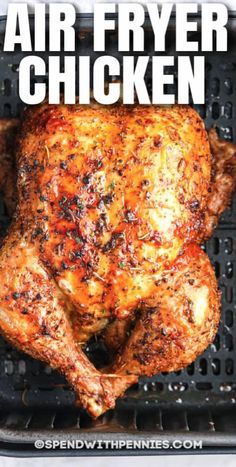 an air fryer chicken sitting on top of a grill with the words air fryer chicken