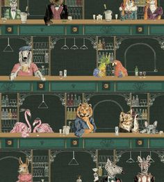 a wallpaper with cats, dogs and flamingos in the bar at night time