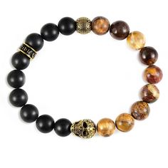 Single Gold Skull Stretch Bracelet with 10mm Matte Black Onyx and Picasso Jasper Beads - 210mm end to end length Premium Outlets, Gold Skull, Picasso Jasper, Jasper Beads, Stretch Bracelet, Free Jewelry, Stretch Bracelets, Black Onyx, Matte Black