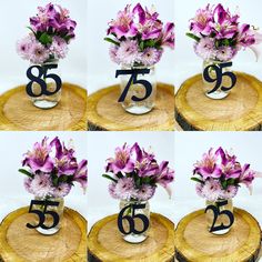 the flowers are arranged in vases with numbers on each side and placed on wood slices