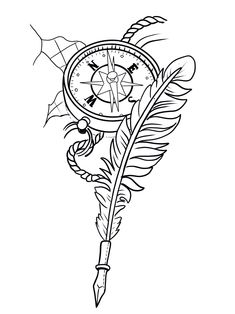 an ink drawing of a compass and feather