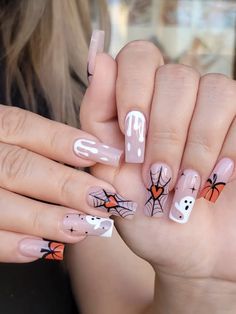 Multicolor  Collar   Animal,Cartoon,Geometric,Striped Color Nails Embellished   Beauty Tools Halloween Press On Nails, Nagel Tips, Fake Nails With Glue, Nails For Women, Nail Forms, Halloween Nail Designs, Halloween Nail, Halloween Nail Art, Stick On Nails