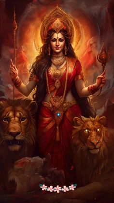 the hindu goddess with two lions in her hand and one lion behind her, holding a staff