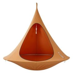 a hanging chair with an orange triangle shaped cushion on the top and bottom, in front of a white background