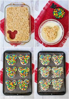 the process for making mickey mouse rice krispy kreme treats is shown here