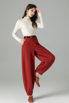 "Vibrant red baggy wide-leg linen pants. These pants seamlessly blend boldness with comfort. The wide-leg silhouette offers a relaxed and flattering fit, while the premium linen fabric ensures both thickness and breathability. Suitable for autumn,and perfect for a variety of occasions. *Details * 50% linen, 50% cotton * Button and zipper front closure * Two side pockets * Wide leg pants * Long linen pants * Casual linen pants * Dry clean * More color: https://etsy.me/3P60vHt CUSTOM MADE SERVICE Wide Leg Linen Pants Outfit, Red Linen Pants, Long Linen Pants, Custom Pants, Pants Custom, Linen Pants Outfit, Casual Linen Pants, Wool Clothing, Wide Leg Linen Pants