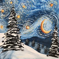 an acrylic painting of snow covered pine trees and the night sky