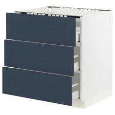 a white and blue cabinet with two drawers on each side, one drawer open to reveal the bottom