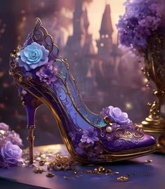 A decorative high-heeled shoe with intricate details and floral embellishments is displayed in a fantasy setting. It is adorned with a large blue rose, small purple flowers, pearls, and gold chains, with an enchanted castle blurred in the background. Steampunk Stiletto art print by Glenda Stevens.   Our art prints are produced on acid-free papers using archival inks to guarantee that they last a lifetime without fading or loss of color. All art prints include a 1" white border around the image to allow for future framing and matting, if desired. Ships within 3-5 business days Madam Pompadour, Elegant Steampunk, Fancy High Heels, Kasut Tumit Tinggi, Floral High Heels, Purple High Heels, Modern Metal Wall Art, Fav Products, Blue High Heels