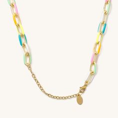 14k gold plating over sterling with acrylic overlay 13 inches with 2 inch extender Available in a matching bracelet Playful Multicolor Jewelry With Adjustable Chain, Adjustable Multicolor Enamel Necklace, Trendy Enamel Necklace With Adjustable Chain, Trendy Multicolor Adjustable Jewelry, Trendy Multicolor Metal Necklaces, Multicolor Enamel Jewelry With Lobster Clasp, Colorful Jewelry With Adjustable Chain, Playful Pink Jewelry With Adjustable Chain, Trendy Rainbow Jewelry As Gift