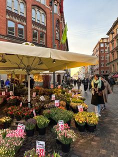 an outdoor market with lots of flowers on display