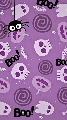 a purple background with black and white skulls, bats and spider webs on it