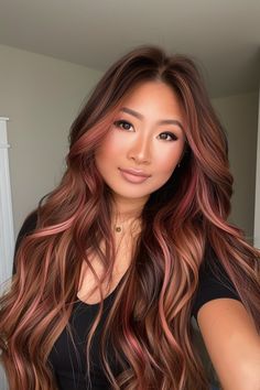 Dark To Light Hair Color Ideas, Mahogany With Blonde Highlights, Brown Hair With Light Red Highlights, Cherry Chestnut Hair, Pink Dark Brown Hair, Red Rose Gold Hair, Colored Highlights On Brown Hair, Pink Hair On Dark Hair, From Red To Brown Hair Transition