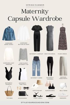 Learn how to build the perfect maternity capsule wardrobe in any season! From spring and summer to fall and winter, this capsule is perfect! Maternity Capsule Wardrobe Spring Summer, Capsule Maternity Wardrobe, Maternity Spring Outfits, Stylish Pregnancy Outfits, Pregnancy Capsule Wardrobe, Mum Wardrobe, Comfortable Pregnancy Outfits, Maternity Wardrobe Essentials, Pregnancy Outfits Casual