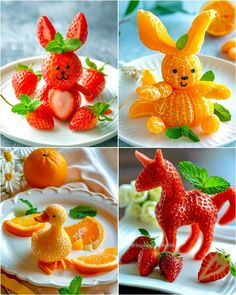 four different pictures of oranges, strawberries, and plastic animals on white plates