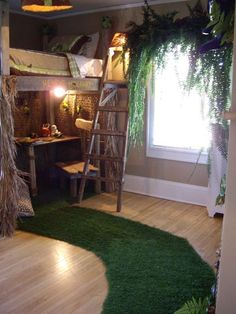 there is a bunk bed in the corner of this room with green grass on the floor