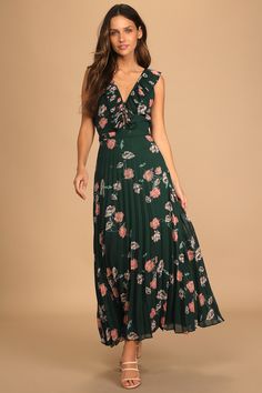 Green Floral Print Dress, Winter Wedding Guest Dress, Floral Chiffon Maxi Dress, Guest Attire, Pleated Chiffon, Pleated Maxi Skirt, Another Love, Green Floral Print, Sash Belt