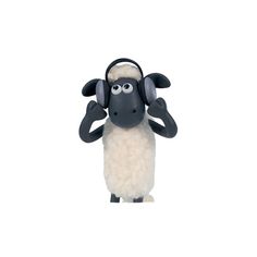 a black and white sheep with headphones on it's ears, standing in front of a white background