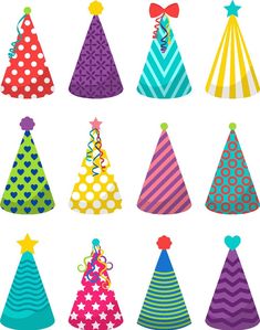 many colorful party hats with bows and ribbons