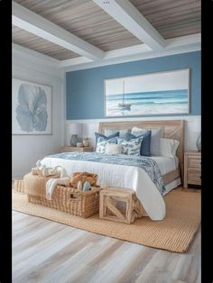 a bed room with a neatly made bed and baskets on the floor next to it