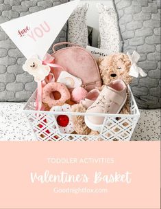 a basket filled with teddy bears and other items for valentine's day gift ideas