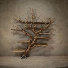 a tree that is made out of wood and has no leaves on it, sitting in front of a wall