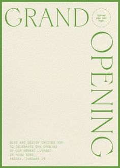 an open letterpress with the words grand opening in green and white lettering on it