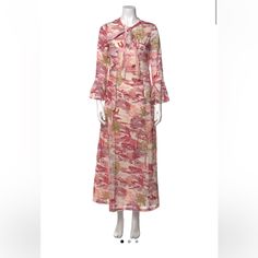 Emporio Sireneuse Tent Dress Pink Floral Print Ruffle Embellishment Three-Quarter Sleeve With Crew Neck Concealed Zip Closure At Side Hip: 35.75" Waist: 27.75" Length: 53" Bust: 32.75" Color: Pink Clothing Size: Xs Fabric: 100% Cotton; Lining 100% Cotton Long Silk Dresses With Floral Print, Long Floral Print Dresses For Daywear, Long Printed Daywear Dresses, Silk Floor-length Dresses For Daywear, Silk Floral Print Long Maxi Dress, Elegant Multicolor Maxi Dress For Daywear, Floor-length Silk Dress For Daywear, Silk Floor-length Day Dress, Feminine Silk Maxi Dress For Beach